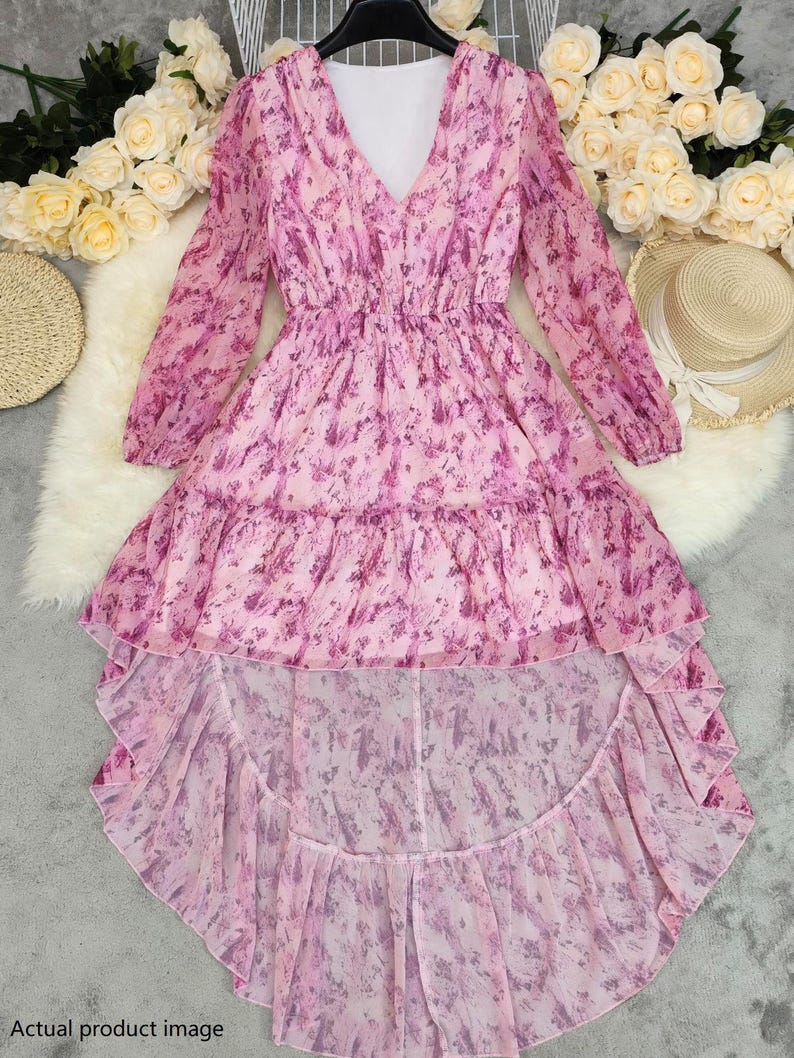 Bohemian V-Neck High-Low Maxi Dress | Long Sleeve Floral Chiffon Dress | Flowy Ruffle Hem Dress for Women | Wedding Guest Dress image 12