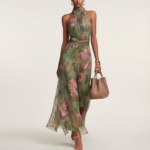 Elegante vestido largo con escote halter y estampado floral, con falda fluida de talle alto: perfecto para bodas de verano, vacaciones en la playa y eventos nocturnos.