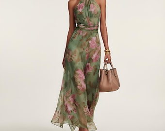 Elegante vestido largo con escote halter y estampado floral, con falda fluida de talle alto: perfecto para bodas de verano, vacaciones en la playa y eventos nocturnos.