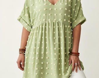 Large Size Top for Women, Boho Summer Hairball embellished Blouse, Knee-Length Elegant Floral Dress for Beach, Indoor and Casual Wear