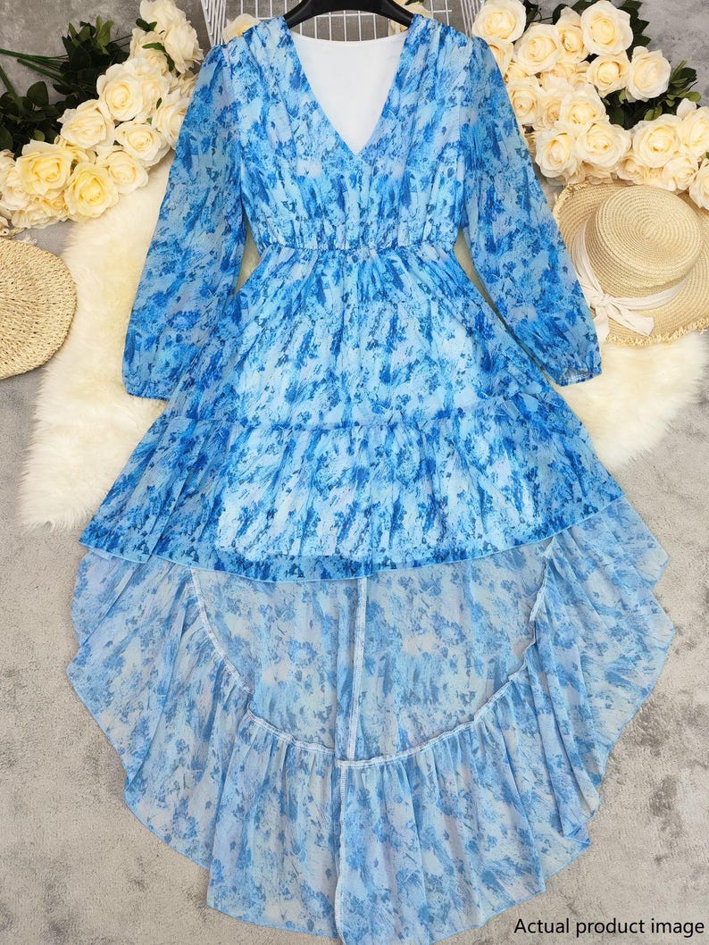 Bohemian V-Neck High-Low Maxi Dress | Long Sleeve Floral Chiffon Dress | Flowy Ruffle Hem Dress for Women | Wedding Guest Dress image 14