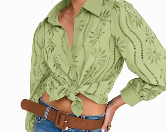 Green Floral Eyelet Embroidery Shirt, Long Sleeve Button Down Blouse, Casual Cropped Tie Front Top, Lightweight Summer Blouse for Women