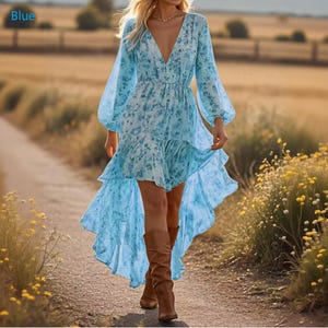 Bohemian V-Neck High-Low Maxi Dress | Long Sleeve Floral Chiffon Dress | Flowy Ruffle Hem Dress for Women | Wedding Guest Dress Blue