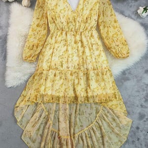 Bohemian V-Neck High-Low Maxi Dress | Long Sleeve Floral Chiffon Dress | Flowy Ruffle Hem Dress for Women | Wedding Guest Dress image 16
