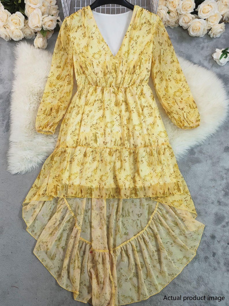 Bohemian V-Neck High-Low Maxi Dress | Long Sleeve Floral Chiffon Dress | Flowy Ruffle Hem Dress for Women | Wedding Guest Dress image 16
