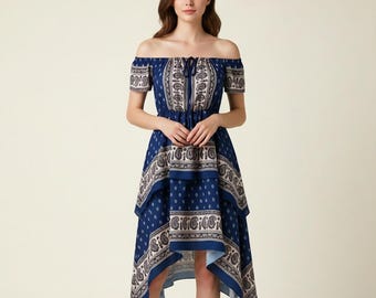 Boho Off Shoulder Dress Blue | Hem Maxi Dress with Tie Neck | Summer Beach Wedding Guest Dress, Vacation Resort Wear, Flowy Midi Sundress