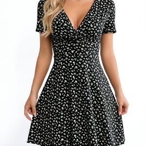 black dress with small white flowers Black & White Floral Collared Buckle Mini Dress | Womens | XX-Small (Available in XS, S, M) | 100% Cotton