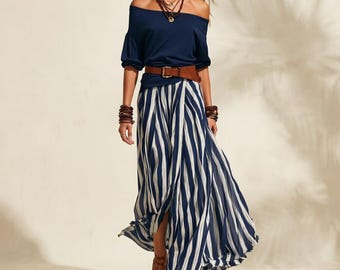 Off Shoulder Top and Striped Maxi Skirt Set, Boho Beach Vacation Outfit, High Slit Summer Resort Wear, Elegant Lounge Set For Woman