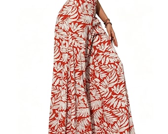 Tropical Leaf Print Wide Leg Pants, High Waist Pants, Vacation Beach Trousers, Red Floral Summer Pants, Casual Flowy Pants for Women