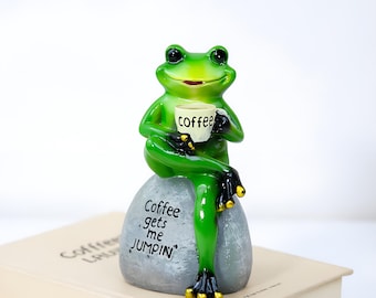 Resin Coffee Frog Figurine, "Coffee Gets Me Jumpin'" Frog Shelf Sitter, Cute Green Frog Decor, Gift for Coffee Lovers & Frog Enthusiasts