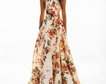 Vestido largo floral sin mangas para mujer / Vestido bohemio para invitada de boda / Elegante vestido de noche de verano / Regalo para ella / Vestido floral de verano