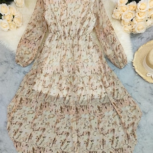 Bohemian V-Neck High-Low Maxi Dress | Long Sleeve Floral Chiffon Dress | Flowy Ruffle Hem Dress for Women | Wedding Guest Dress image 8