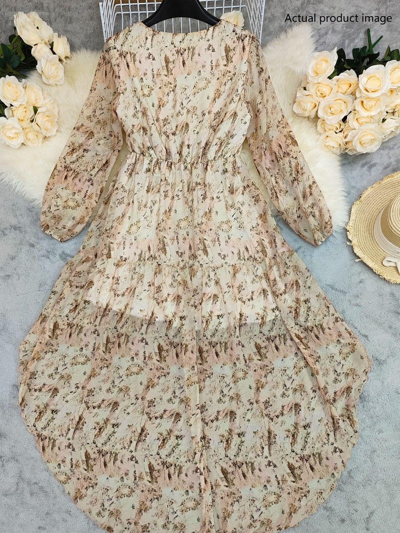 Bohemian V-Neck High-Low Maxi Dress | Long Sleeve Floral Chiffon Dress | Flowy Ruffle Hem Dress for Women | Wedding Guest Dress image 8