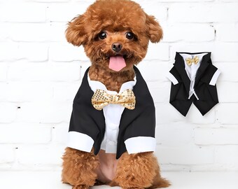 Dog Tuxedo for Wedding | Formal Pet Tuxedo with Gold Bow Tie, Black and White Suit for Small Dogs, Outfit for Special Occasions