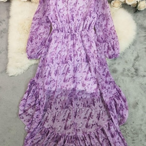 Bohemian V-Neck High-Low Maxi Dress | Long Sleeve Floral Chiffon Dress | Flowy Ruffle Hem Dress for Women | Wedding Guest Dress image 19