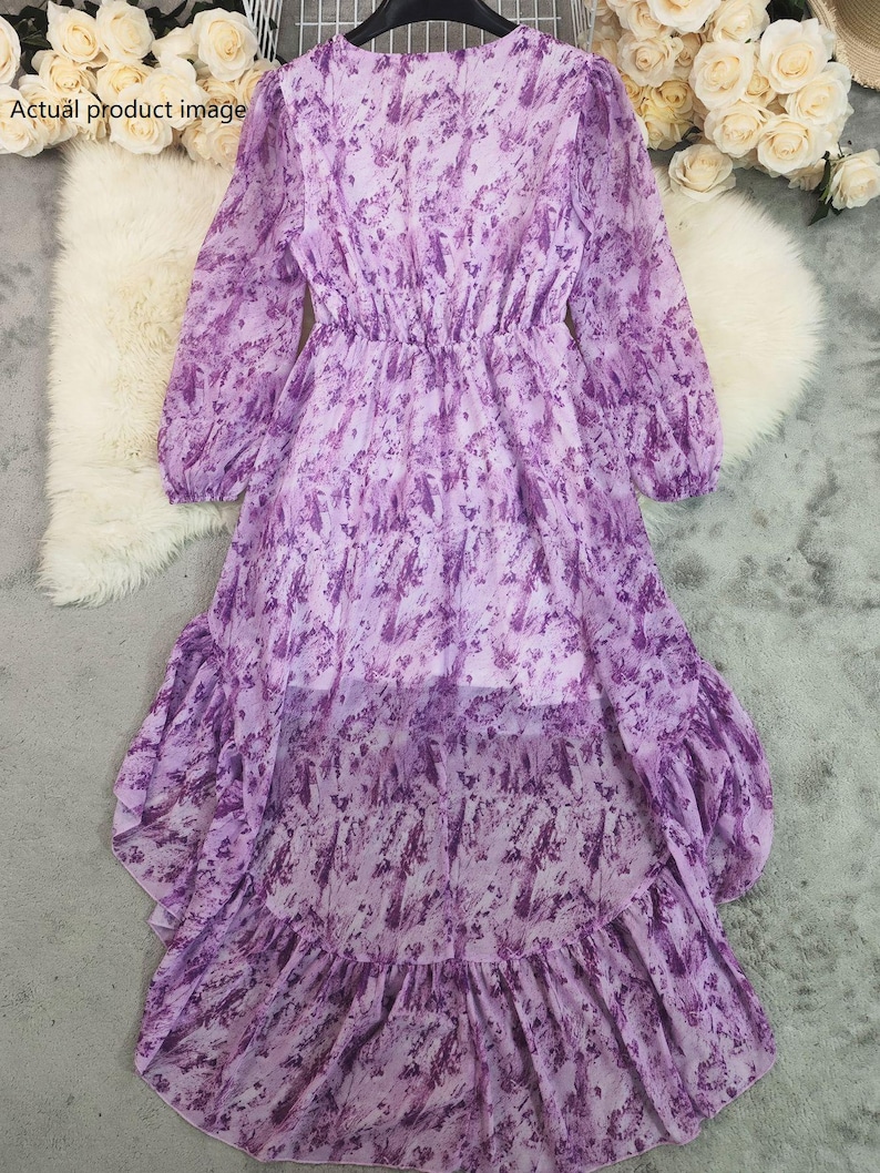 Bohemian V-Neck High-Low Maxi Dress | Long Sleeve Floral Chiffon Dress | Flowy Ruffle Hem Dress for Women | Wedding Guest Dress image 19