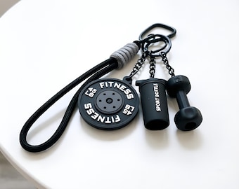 Black Fitness Keychain, Dumbbell & Weight Plate Charm, Gym Lover Gift, Sporty Bag Accessory, Gift For Gym Lovers, Funny keychains