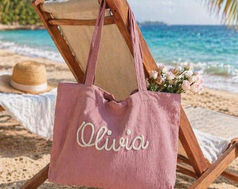 Personalized Corduroy Tote Bag, Custom Name Beach Bag, Aesthetic Pink Shoulder Bag, Summer Travel Tote, Gift for Her, Bridesmaid Gift