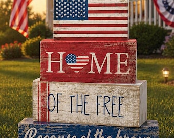 USA 250 Patriotic Wooden Block Sign, 4th of July Tiered Tray Decor, Independence Day Shelf Decor, Americana Seasonal Home Decor