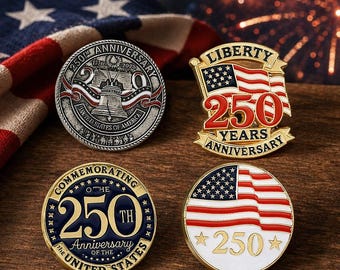 USA 250th Anniversary Enamel Pin Set – Patriotic Independence Day Badge, Liberty Bell Coin Pin, American Flag Lapel Pin Gift