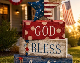 God Bless America Wooden Block Sign, USA 250 Patriotic Decor, 4th of July Tiered Tray Decor, Independence Day Shelf Sign, Americana Gift