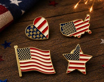 USA Flag Enamel Pin Set – Patriotic Lapel Pins, American Flag, Heart, Star & USA Map Pins, 4th of July Gift, Independence Day Accessories
