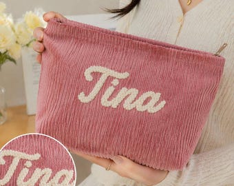 Personalized Corduroy Makeup Bag, Custom Name Cosmetic Pouch, Cute Pink Toiletry Bag, Travel Organizer, Gift for Her, Bridesmaid Gift