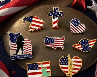 USA Patriotic Enamel Pin Set – American Flag, Eagle, Cross, Veteran & Statue of Liberty Lapel Pins, 4th of July Gift, Independence Day