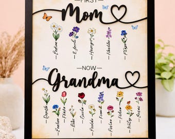 Personalized Grandma Garden Sign, Birth Flower Family Frame, First Mom Now Grandma Gift, Custom Name Floral Keepsake, Mother’s Day Gift