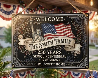 Personalized 250th Anniversary Metal Sign, Custom Family Patriotic Welcome Sign, 1776-2026 USA Independence Decor Gift