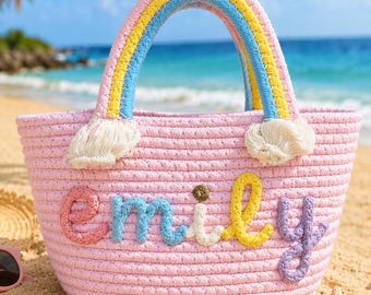 Personalized Crochet Beach Tote Bag, Custom Name Summer Bag, Cute Handmade Rainbow Flower Tote, Vacation Straw Style Bag, Gift for Her