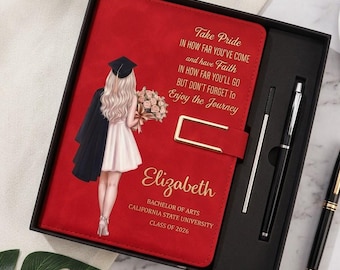 Personalized Graduation Journal Gift Set for Her, Custom Leather Notebook with Pen, Class of 2026 Graduate Gift for Daughter Friend Sister