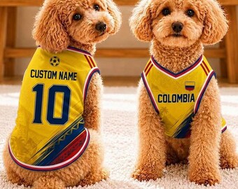 Aangepaste Colombiaanse huisdierjersey - gepersonaliseerd voetbalshirt hond - outfit WK huisdier - kleding Colombiaanse teamhond - aangepaste naam huisdiercadeau