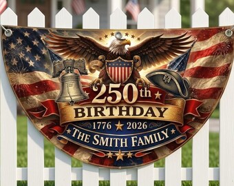 Custom Smith Family 4th of July Banner, America 250th Birthday Bunting, Patriotic Bald Eagle Liberty Bell 1776 2026 Balcony Sign