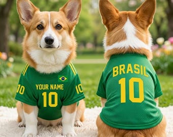Brazil Soccer Dog Jersey - Custom  Pet Apparel - Personalized Brazilian Football Shirt - Custom Pet Name & Number - Sports Fan Gift