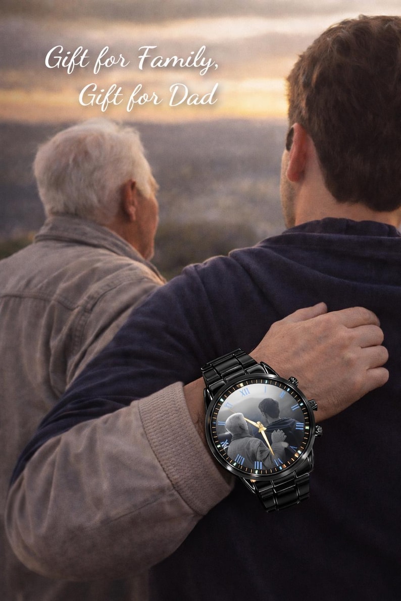 May include: Black wristwatch with a photo of two people on the watch face. The watch has a black metal band and a round face with Roman numerals. The text "Gift for Family, Gift for Dad" is at the top.