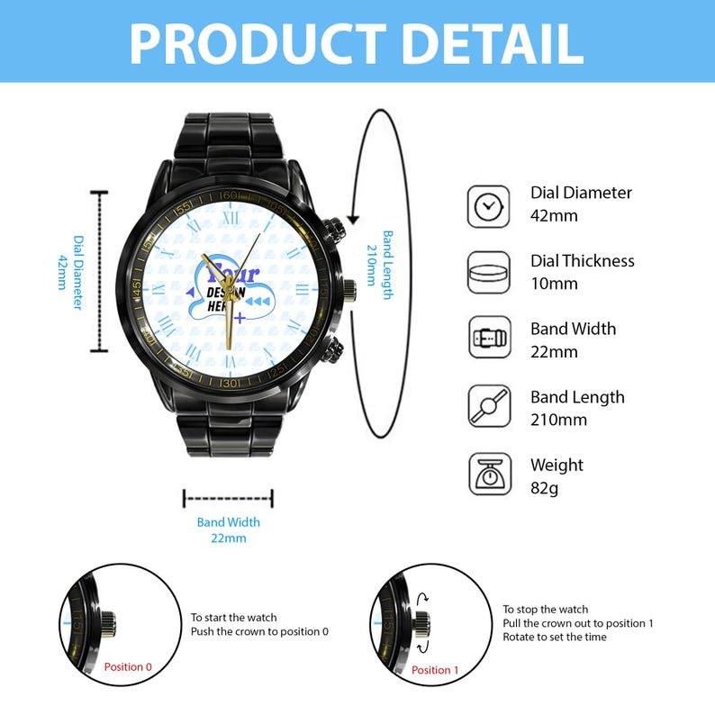 Puede incluir: Reloj de pulsera negro con esfera blanca y detalles dorados. El reloj tiene un di&aacute;metro de esfera de 42 mm, un grosor de esfera de 10 mm, un ancho de correa de 22 mm y una longitud de correa de 210 mm. El reloj pesa 82 g. La esfera tiene el texto "Your Design Here".