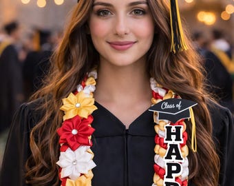 Personalized Graduation Lei with Name, Custom Ribbon Flower Lei, Class of 2026 Graduation Gift, College Grad Hawaiian Lei Necklace