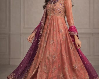 Anarkali-jurk van dupatta | Pakistaanse jurken, ready-to-wear | Eid-outfit met zijde geborduurde anarkali-set voor feestelijke bruiloftskleding