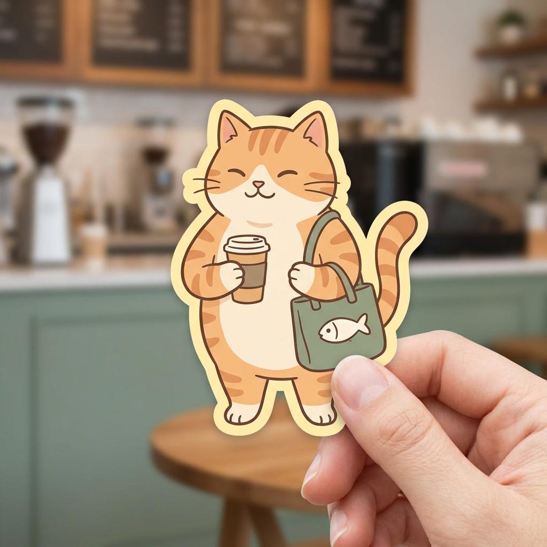 Coffee Cat Sticker, Cute Cat Sticker, Tote Bag Cat Sticker, Waterproof ...