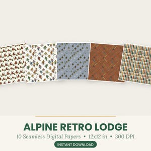 Retro ski seamless pattern pack, 1970s alpine chalet digital paper