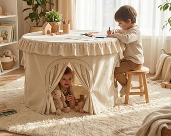 Tenda de brincar personalizada para crianças, ideal para mesas redondas, perfeita para ambientes internos.