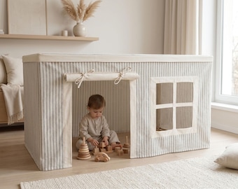 Tenda de mesa infantil – Toalha de mesa de algodão listrada cinza para brincar.