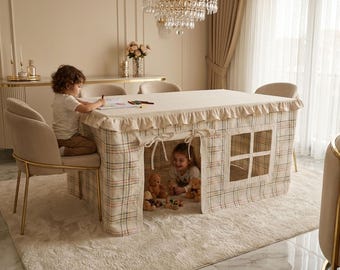 Tenda de mesa em algodão natural – Capa para casinha de brincar infantil