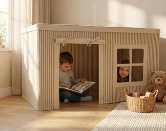 Capa para casinha de brincar infantil em formato de tenda de mesa – Algodão com listras marrons