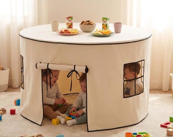 Capa para casinha de mesa redonda em algodão natural, tenda de mesa infantil minimalista estilo Montessori.