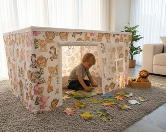 Tenda de mesa infantil de musselina com cobertura para brincar – Toalha de mesa estilo safari para brincar