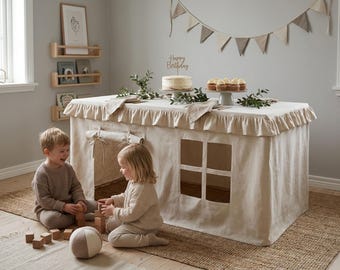 Tenda de mesa infantil em algodão natural, estilo Montessori, tamanho personalizado.