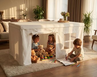 White Linen Kids Table Tent Playhouse Cover – Tablecloth Playhouse