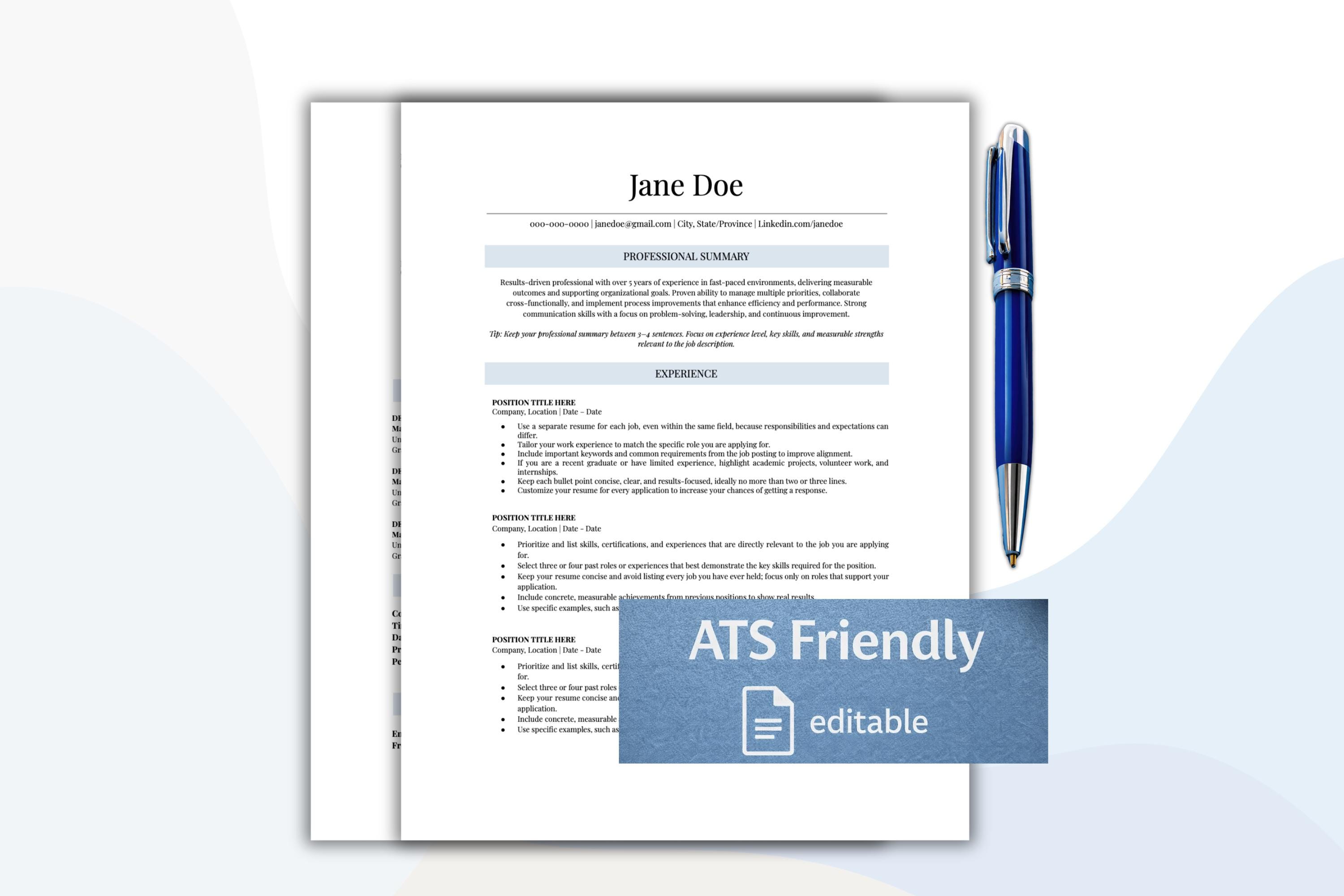 ATS Friendly CV Simple Editable Resume Template | Google Docs | Cover ...